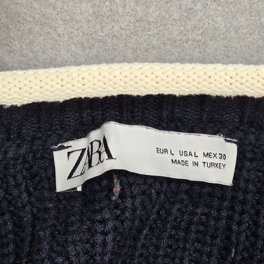 Zara Contrast Trim Open Back Knit Crop Top Sweater Navy Blue White Size Large - Picture 4 of 8